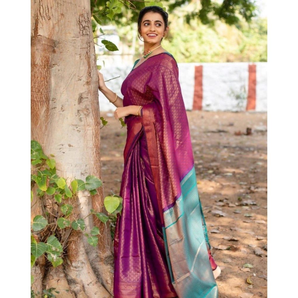 Purple soft lichi silk printed saree with unstitched blouse, luxurious eastern wear