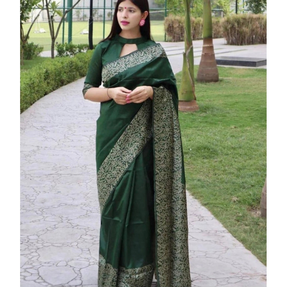 Soft green lichi silk printed saree with unstitched blouse, luxurious silken garment for traditional Indian women's wear
