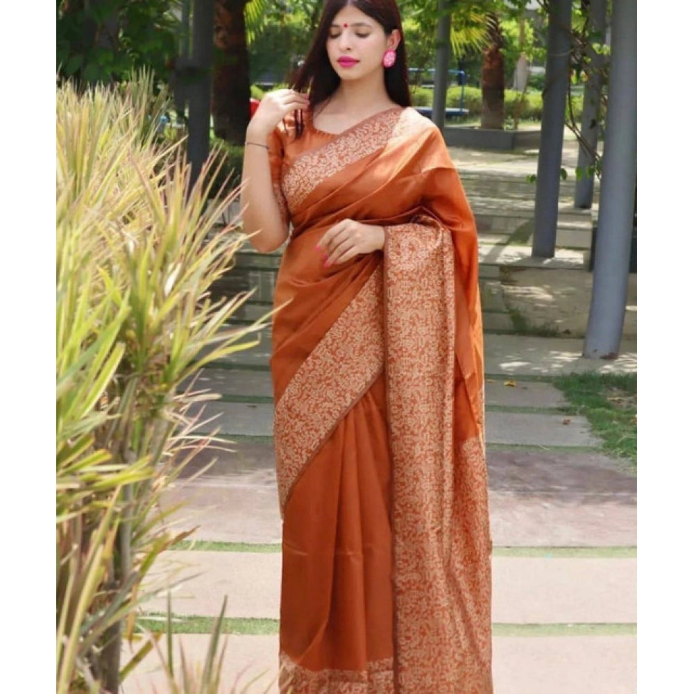 Brown soft lichi silk printed saree with unstitched blouse, 5.5mtr length for women's traditional Indian wear