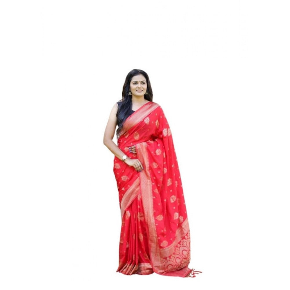 Red soft lichi silk printed saree with unstitched blouse, luxury Indian wear for women