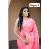 Pink soft lichi silk printed saree with unstitched blouse (5.5mtr)