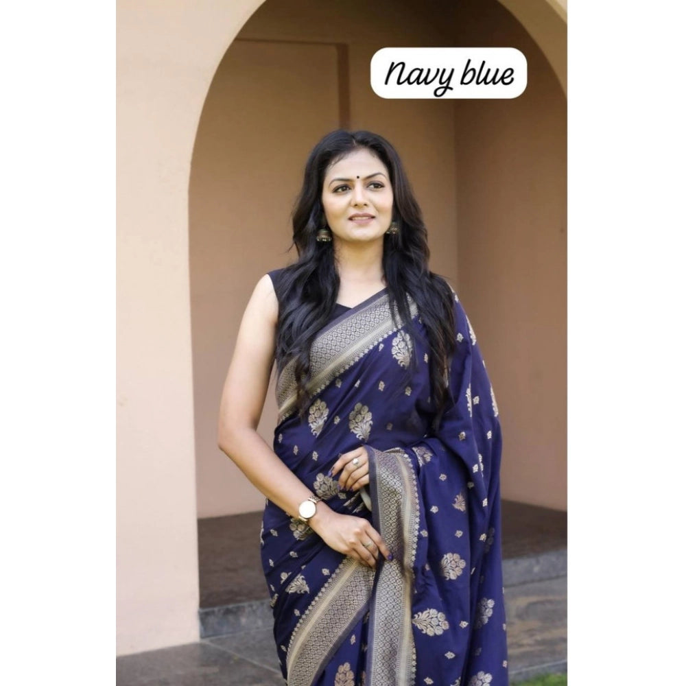 Navy blue soft lichi silk printed saree with unstitched blouse, vibrant floral design on display