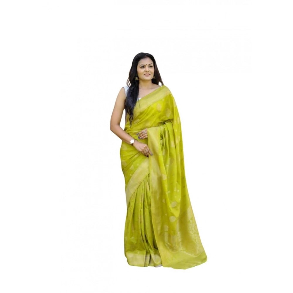 Soft green lichi silk saree with unstitched blouse, vibrant printed design for women's traditional wear (5.5mtr)