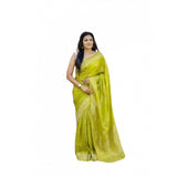 Soft green lichi silk saree with unstitched blouse, vibrant printed design for women's traditional wear (5.5mtr)
