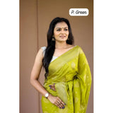 Green soft lichi silk printed saree with unstitched blouse, 5.5mtr length