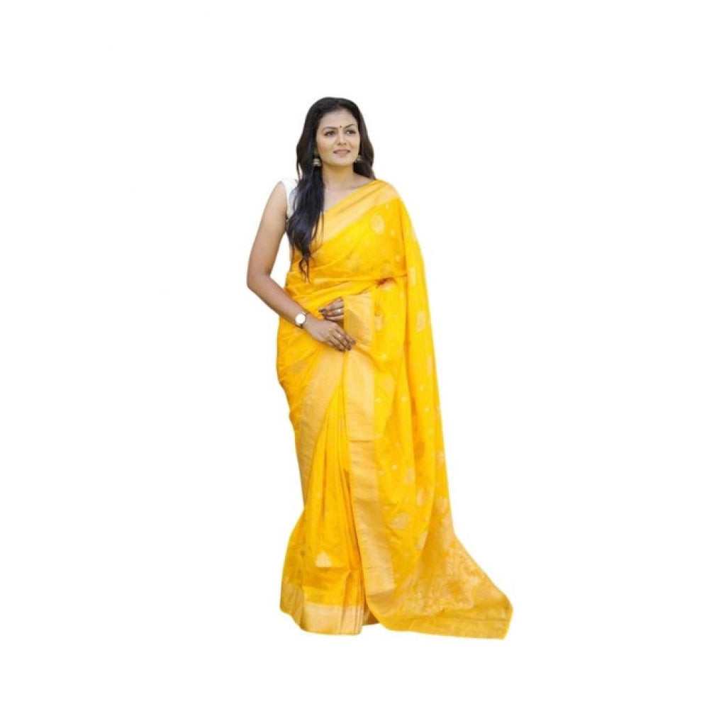 Yellow soft lichi silk printed saree with unstitched blouse, 5.5mtr