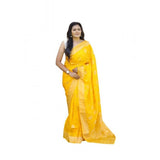 Yellow soft lichi silk printed saree with unstitched blouse, 5.5mtr