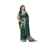 Bottle-Green soft lichi silk printed saree with unstitched blouse, elegant women's traditional Indian wear