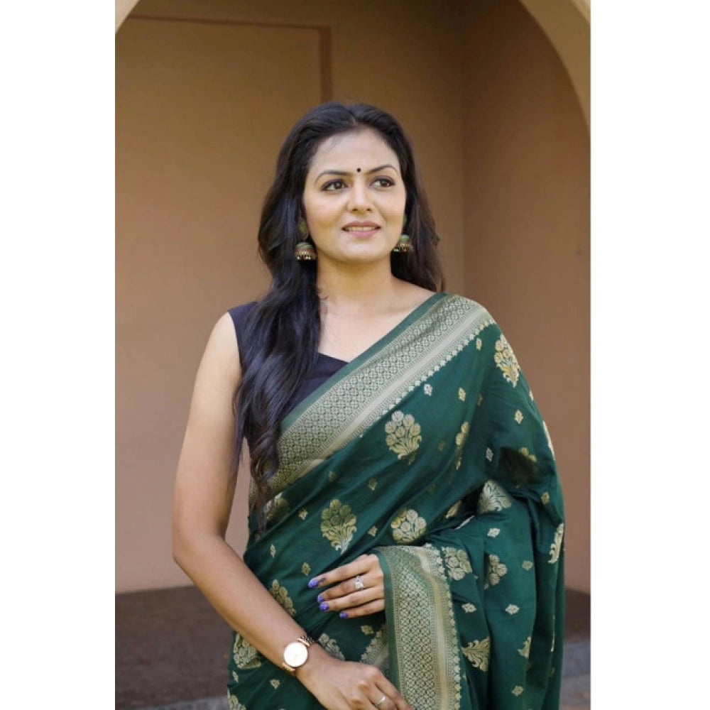 Bottle-green soft lichi silk printed saree with unstitched blouse, luxurious Asian fashion