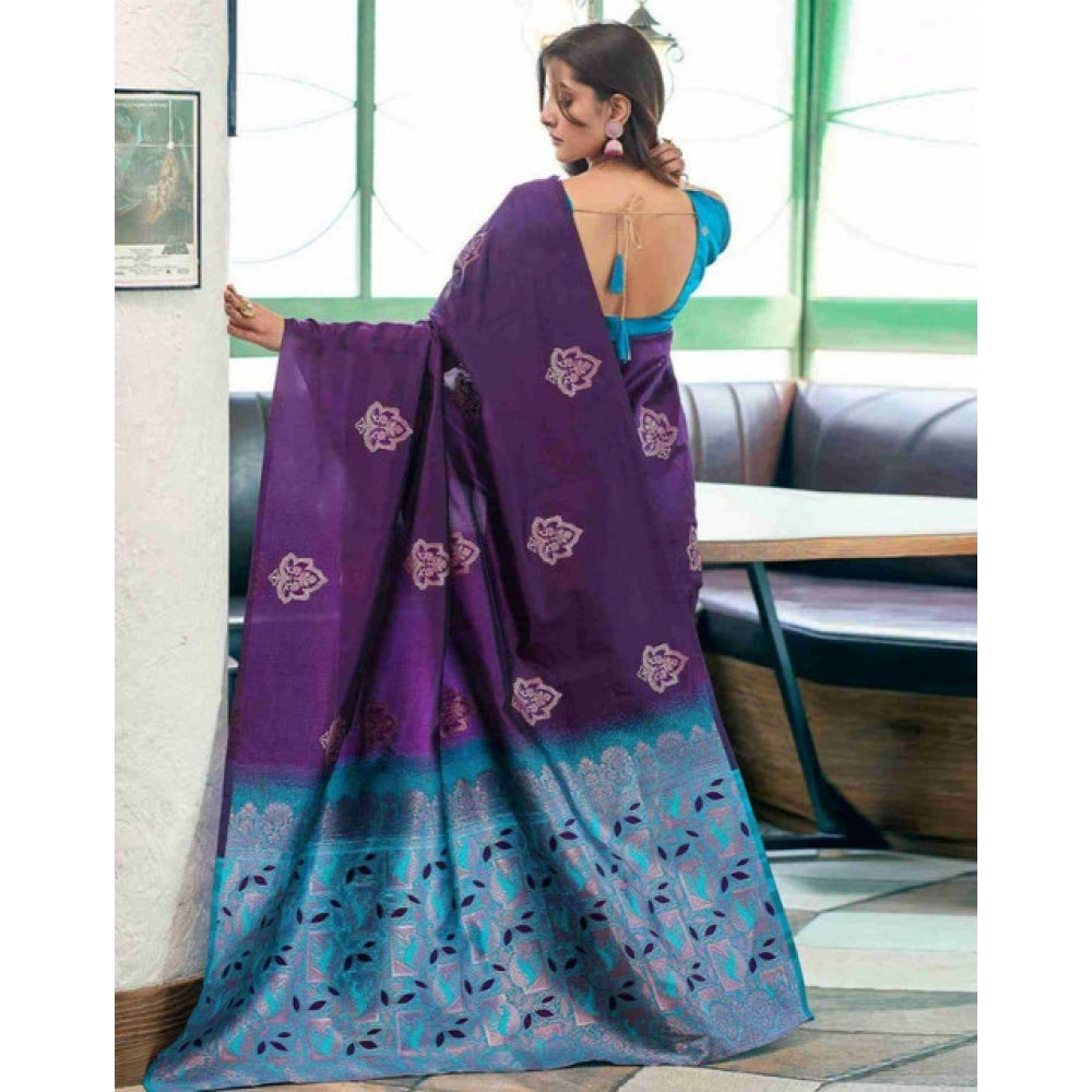Blue soft lichi silk printed saree with unstitched blouse (5.5mtr)
