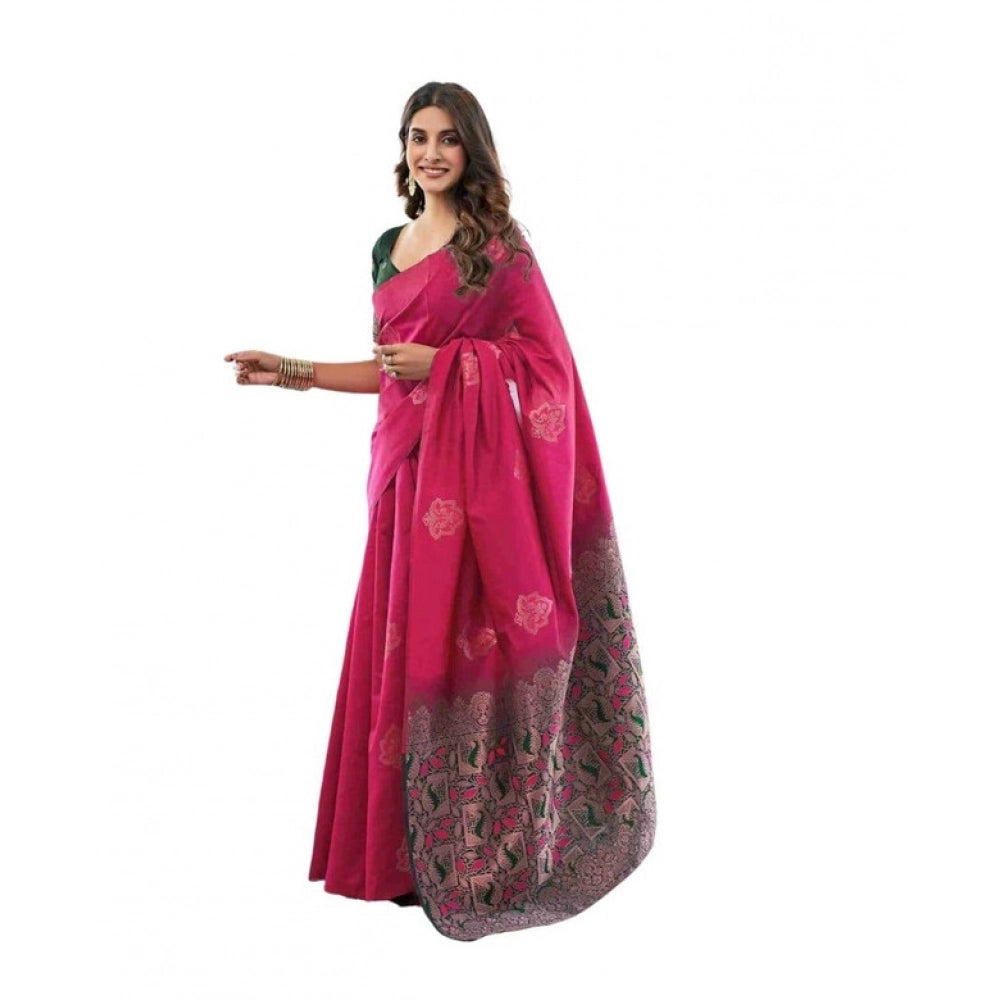 Pink soft lichi silk printed saree with unstitched blouse, 5.5mtr length