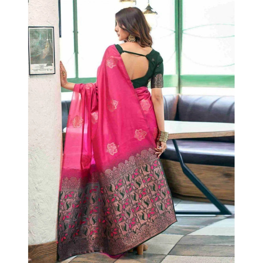 Soft pink lichi silk saree with unstitched blouse, intricate printed pattern on 5.5mtr length