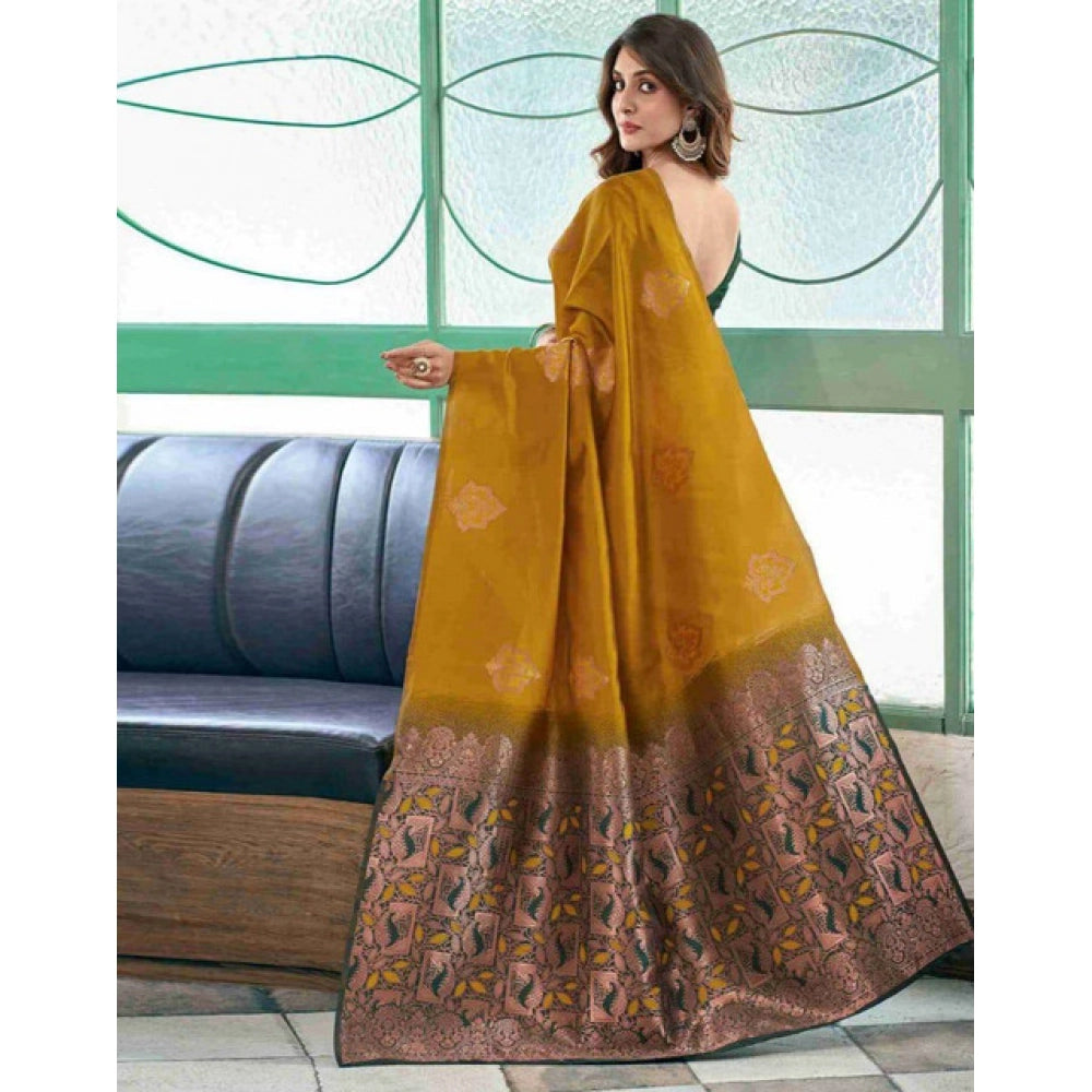 Mustard soft lichi silk printed saree with unstitched blouse, vibrant Indian fashion accessory