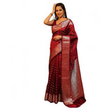 Maroon soft lichi silk printed saree with unstitched blouse, vibrant floral design on a luxurious background