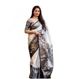 Off-white soft lichi silk printed saree with unstitched blouse, luxury ethnic wear for women on display