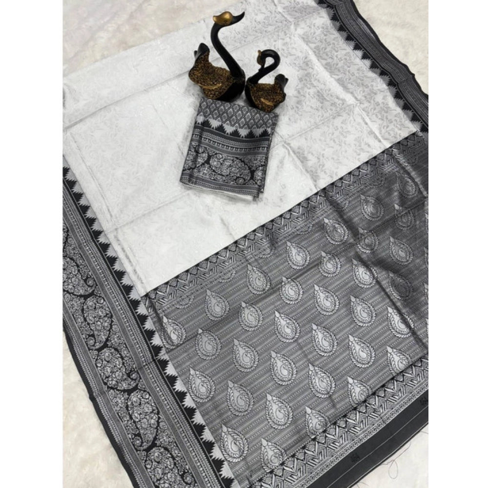 Off-white soft lichi silk printed saree with unstitched blouse, vibrant floral motifs on display