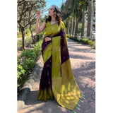 Purple printed soft lichi silk saree with unstitched blouse, elegant Indian wear for women