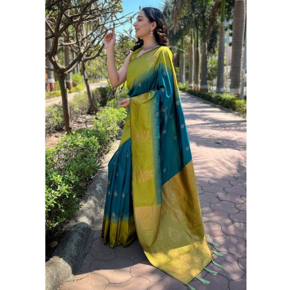 Green soft lichi silk printed saree with unstitched blouse, vibrant floral design on display