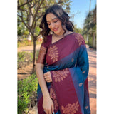Blue soft lichi silk printed saree with unstitched blouse, 5.5mtr