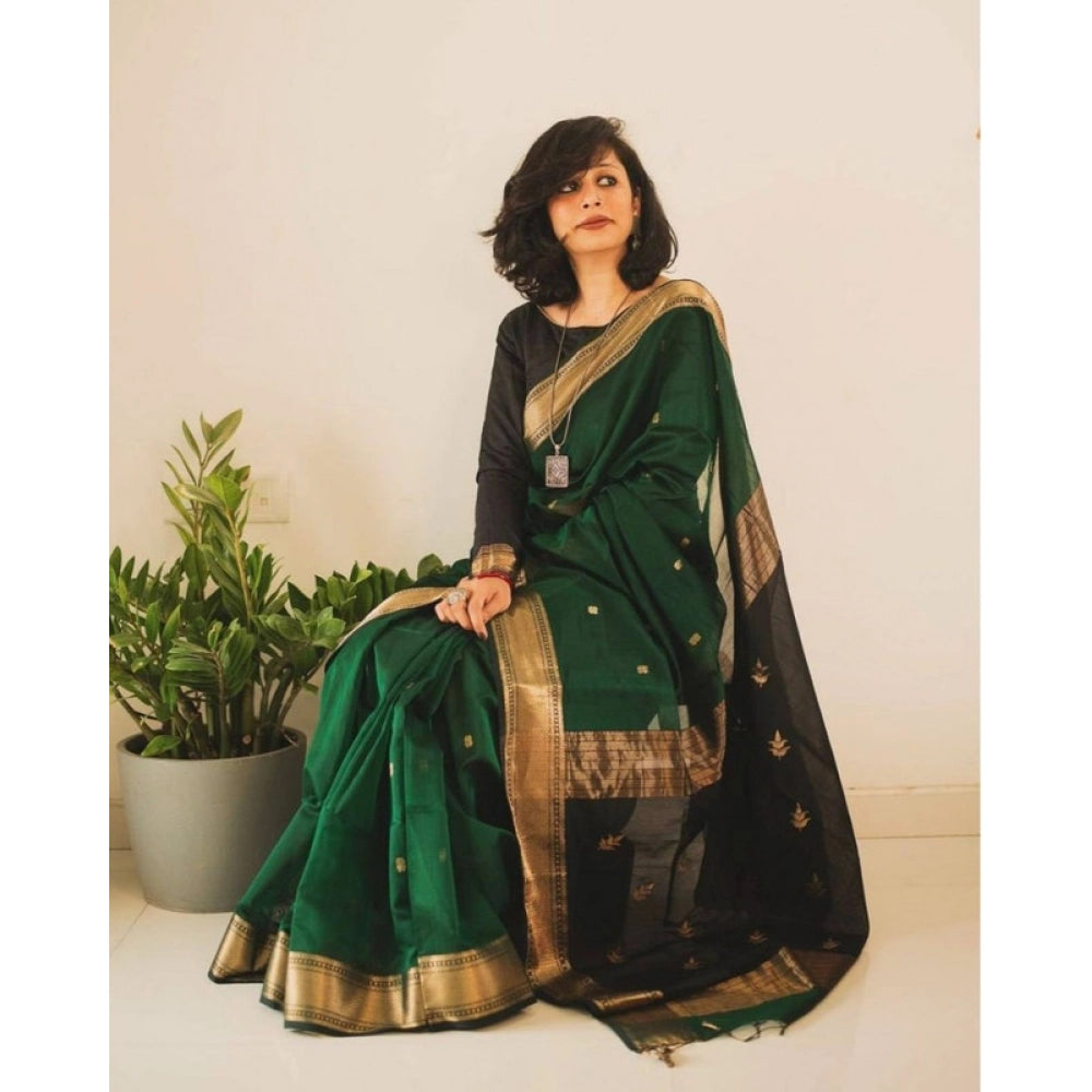 Green soft lichi silk printed saree with unstitched blouse, luxurious Indian women's wear on mannequin