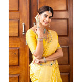 Yellow soft lichi silk printed saree with unstitched blouse (5.5mtr), elegant Indian women's wear