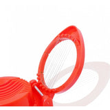 Assorted chrome-plated zinc egg slicer for even precision cuts, plastic tray holds 4 eggs at once