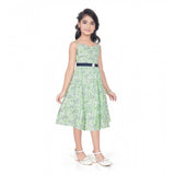 Girl's Cotton Slub Printed Sleeve Less Round Neck Dress (Sea Green)