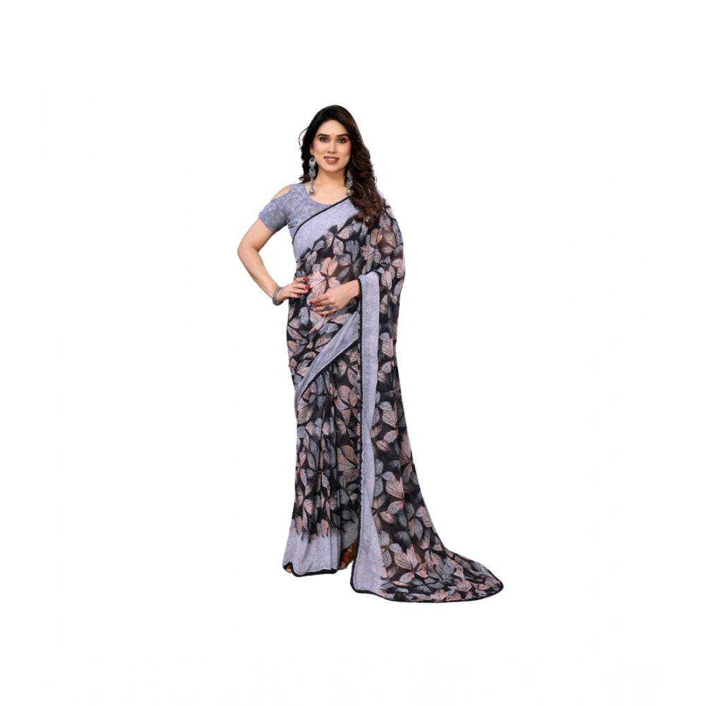 Grey chiffon printed saree with unstitched blouse (5.5Mtr) on mannequin