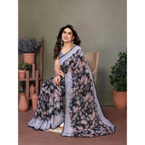 Grey chiffon printed saree with unstitched blouse, vibrant design on display