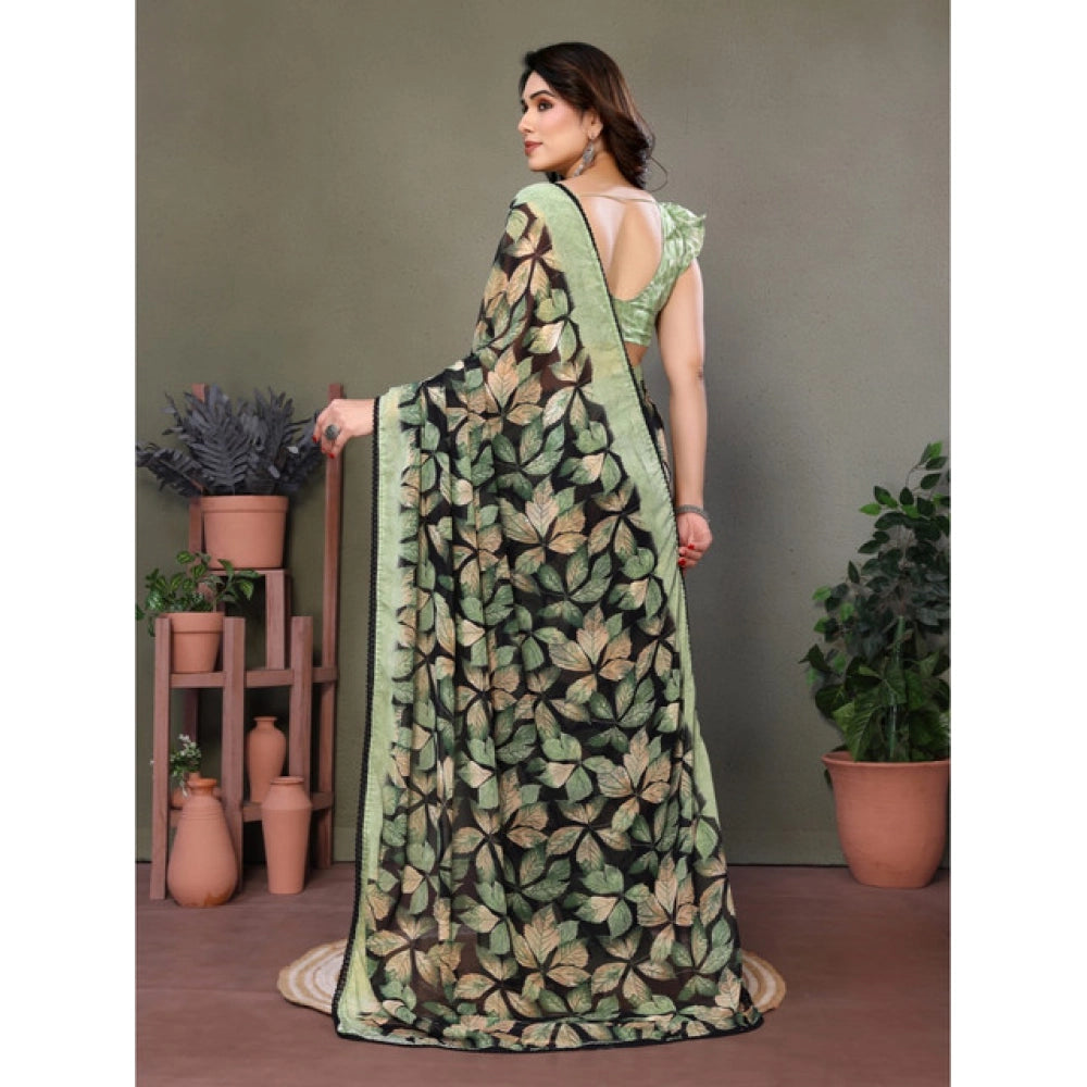 Green chiffon printed saree with unstitched blouse (5.5Mtr) - elegant Indian women's wear on mannequin