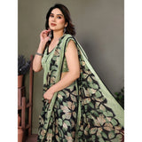 Green chiffon printed saree with unstitched blouse (5.5Mtr), high-quality women's traditional Indian wear