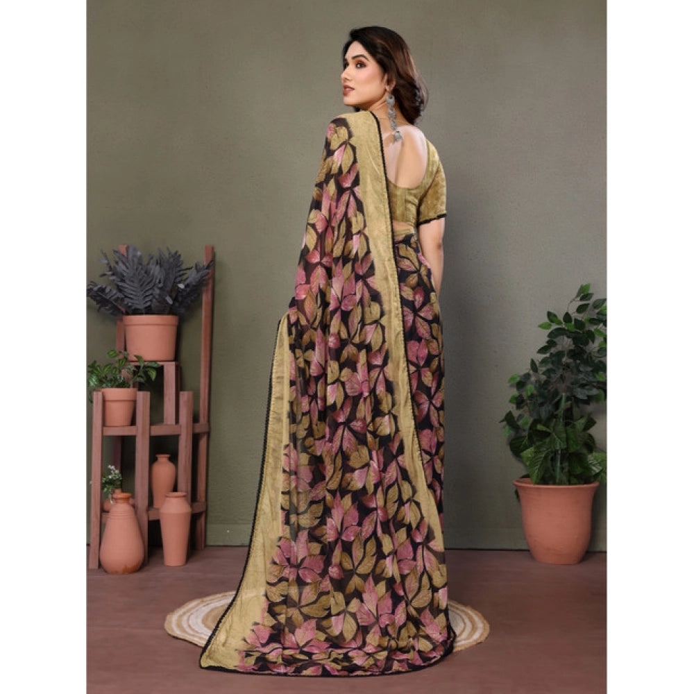 Beige chiffon printed saree with unstitched blouse (5.5Mtr), elegant Indian women's wear for festive occasions