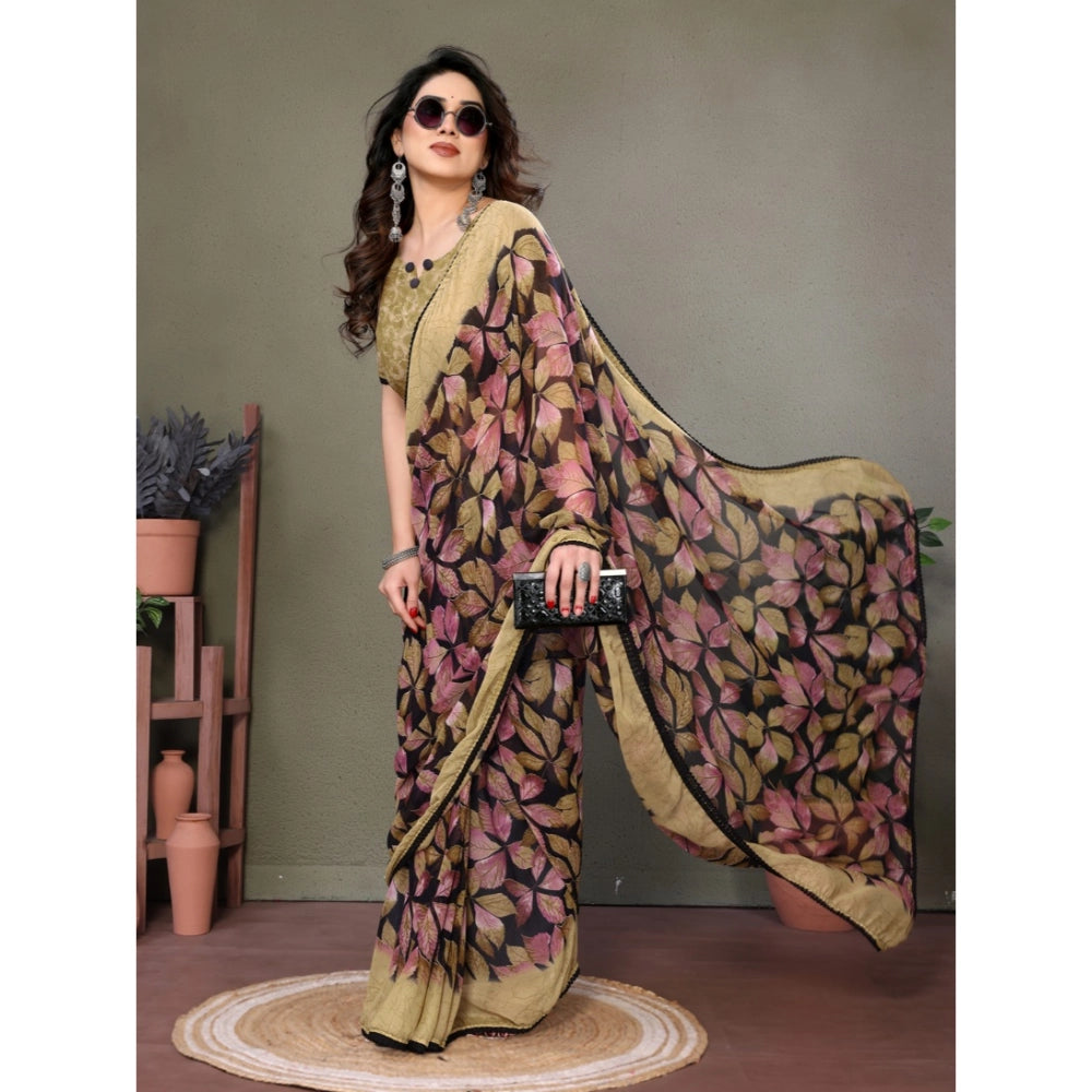 Beige chiffon printed saree with unstitched blouse (5.5Mtr) - Indian women's fashion accessory