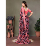 Pink chiffon printed saree with unstitched blouse (5.5mtr), high-quality fashion accessory for women