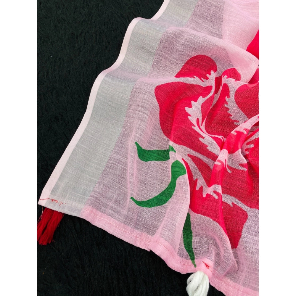 Pink linen-cotton printed saree with unstitched blouse (5.5mtr), traditional Indian women's wear on mannequin