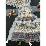 Grey linen cotton printed saree with unstitched blouse, 5.5Mtr. Close-up of intricate design