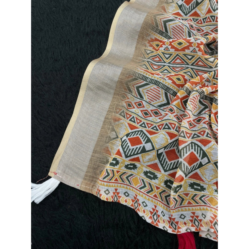 Cream linen cotton printed saree with unstitched blouse, vibrant Indian traditional wear on model