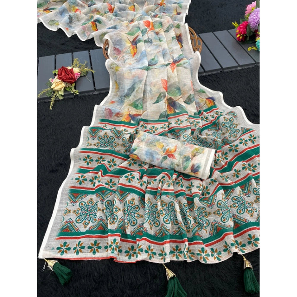 Green linen cotton printed saree with unstitched blouse (5.5Mtr)