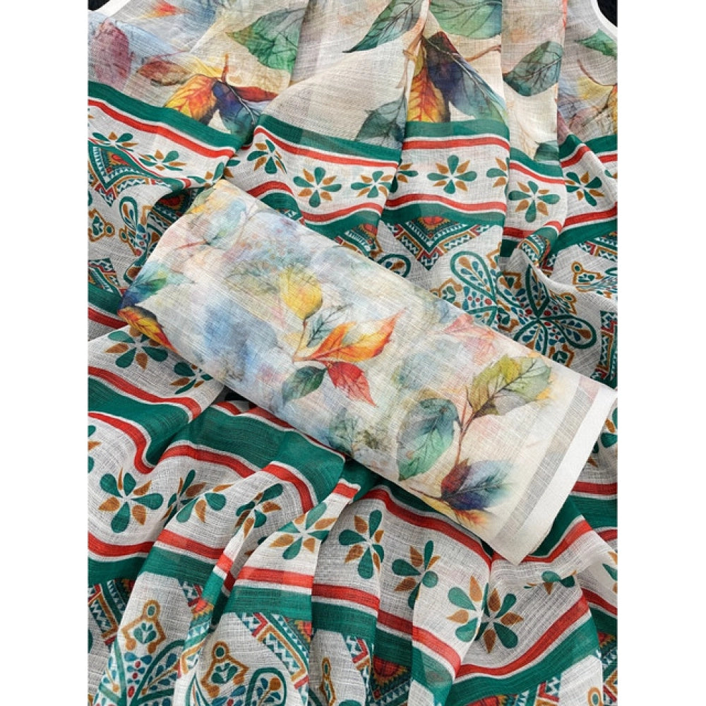 Green linen cotton printed saree with unstitched blouse (5.5mtr)