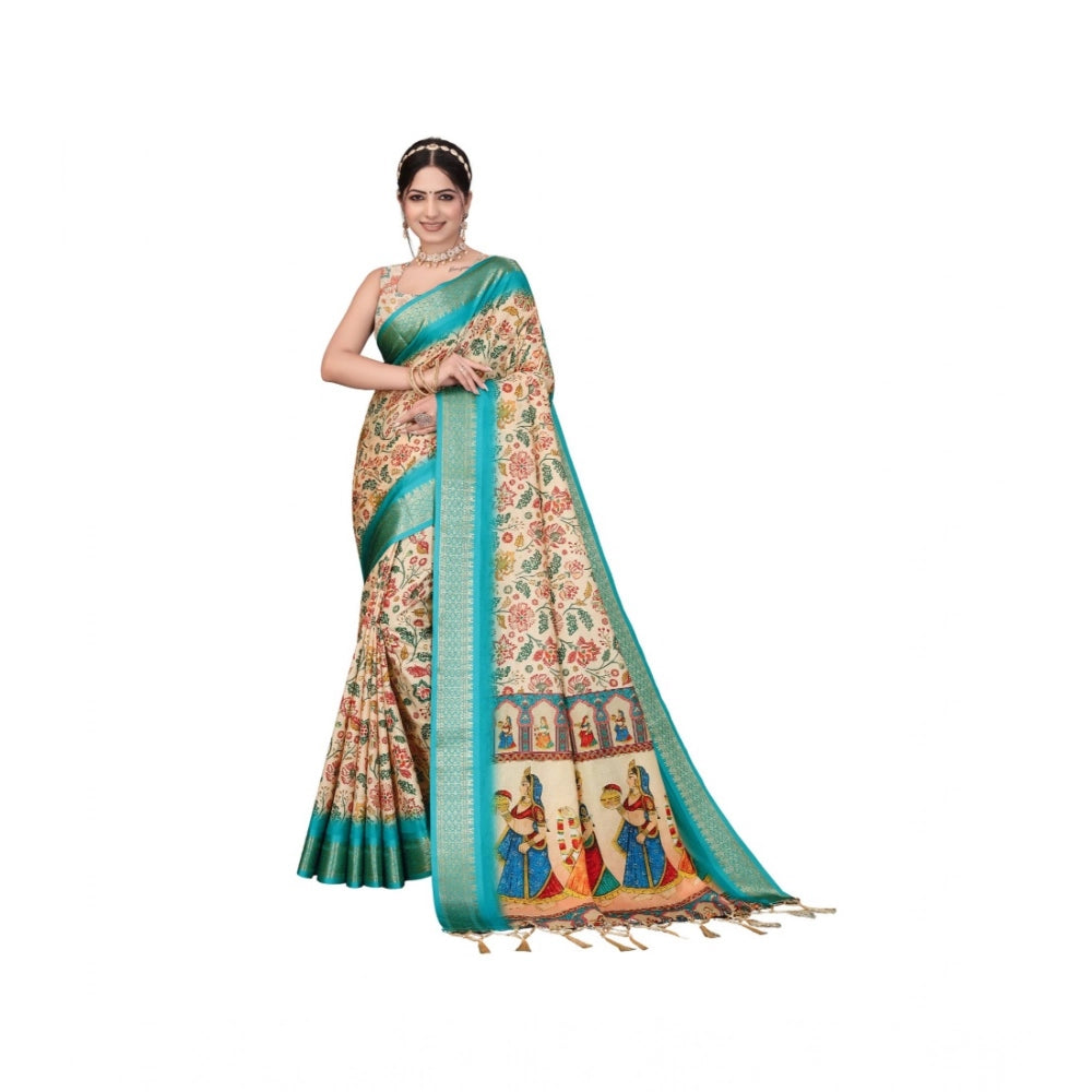 Sky blue cotton silk printed saree with unstitched blouse, vibrant Indian attire