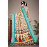 Sky blue cotton silk printed saree with unstitched blouse, vibrant floral design for traditional Indian wear