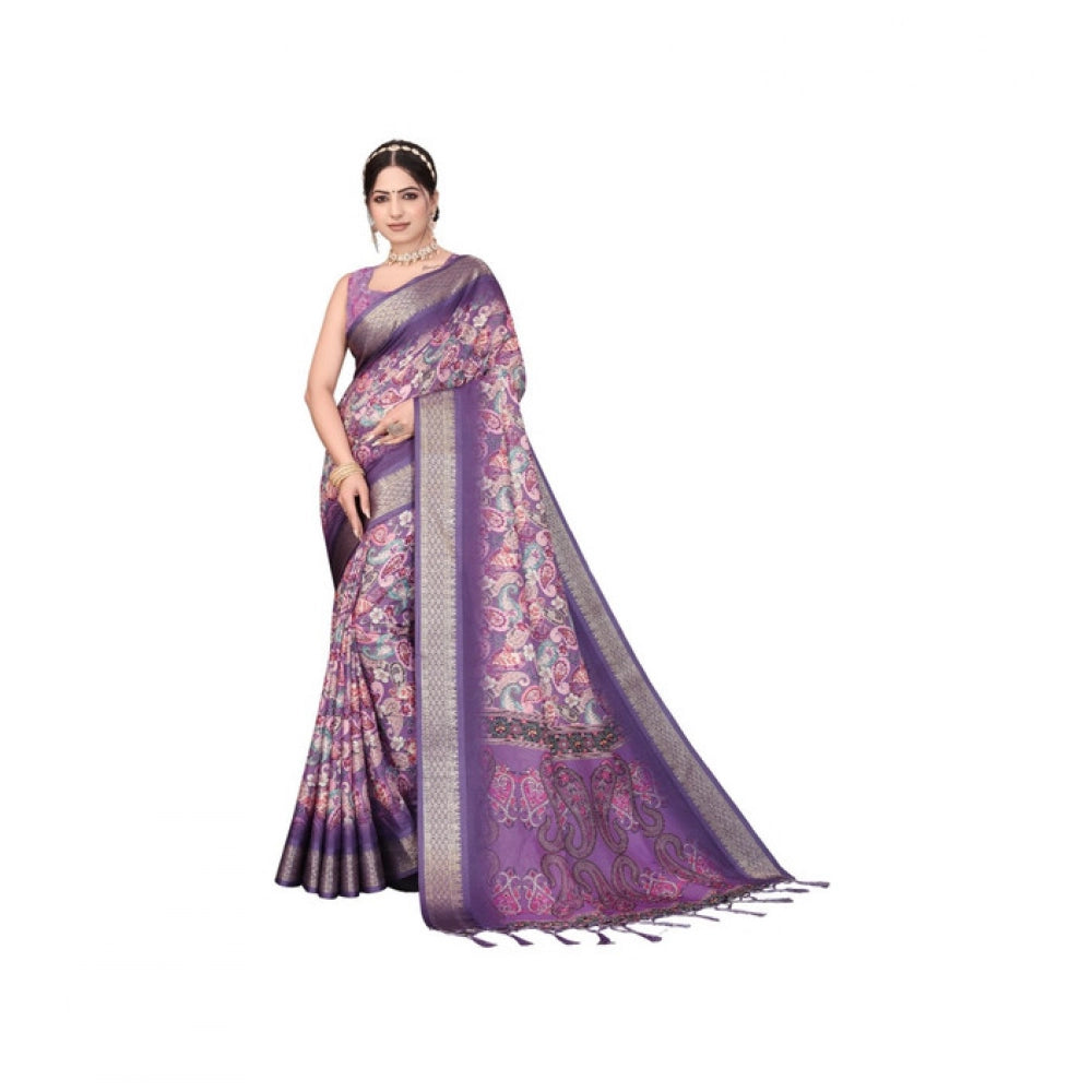 Purple cotton silk printed saree with unstitched blouse, vibrant Indian fashion accessory for women