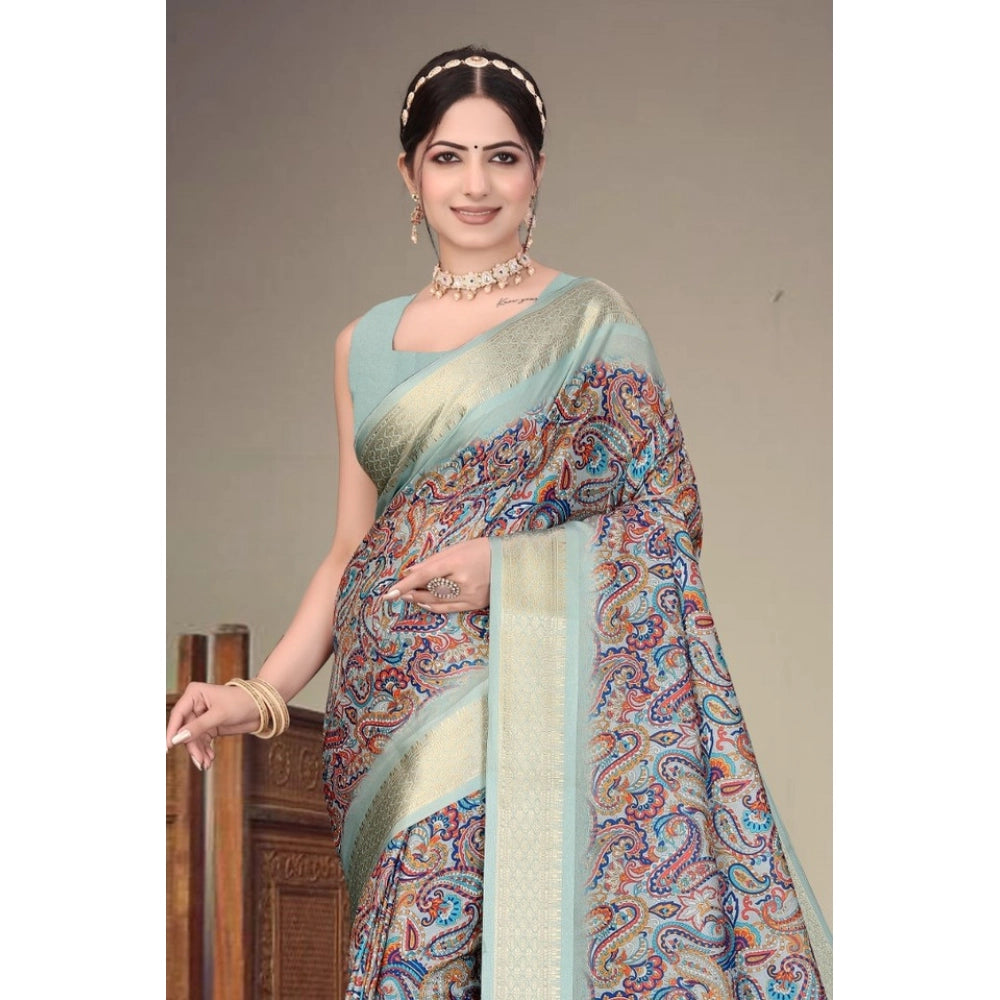 Multicolor cotton silk printed saree with unstitched blouse, vibrant Indian traditional wear on display