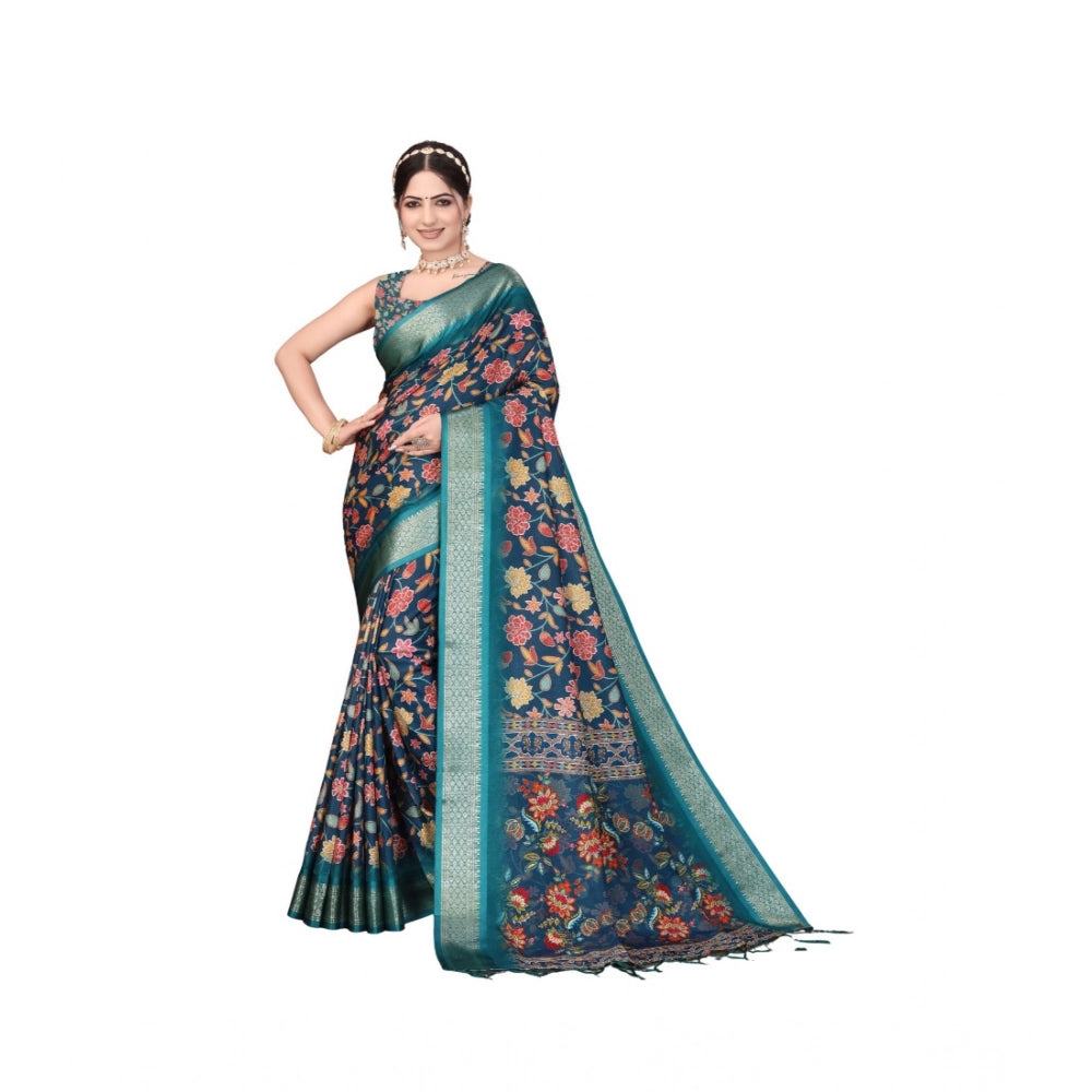 Blue cotton silk printed saree with unstitched blouse, vibrant pattern on traditional Indian attire