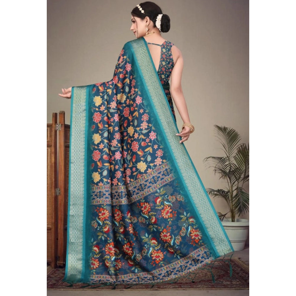 Blue cotton silk printed saree with unstitched blouse (5.5mtr)