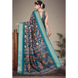 Blue cotton silk printed saree with unstitched blouse (5.5mtr)