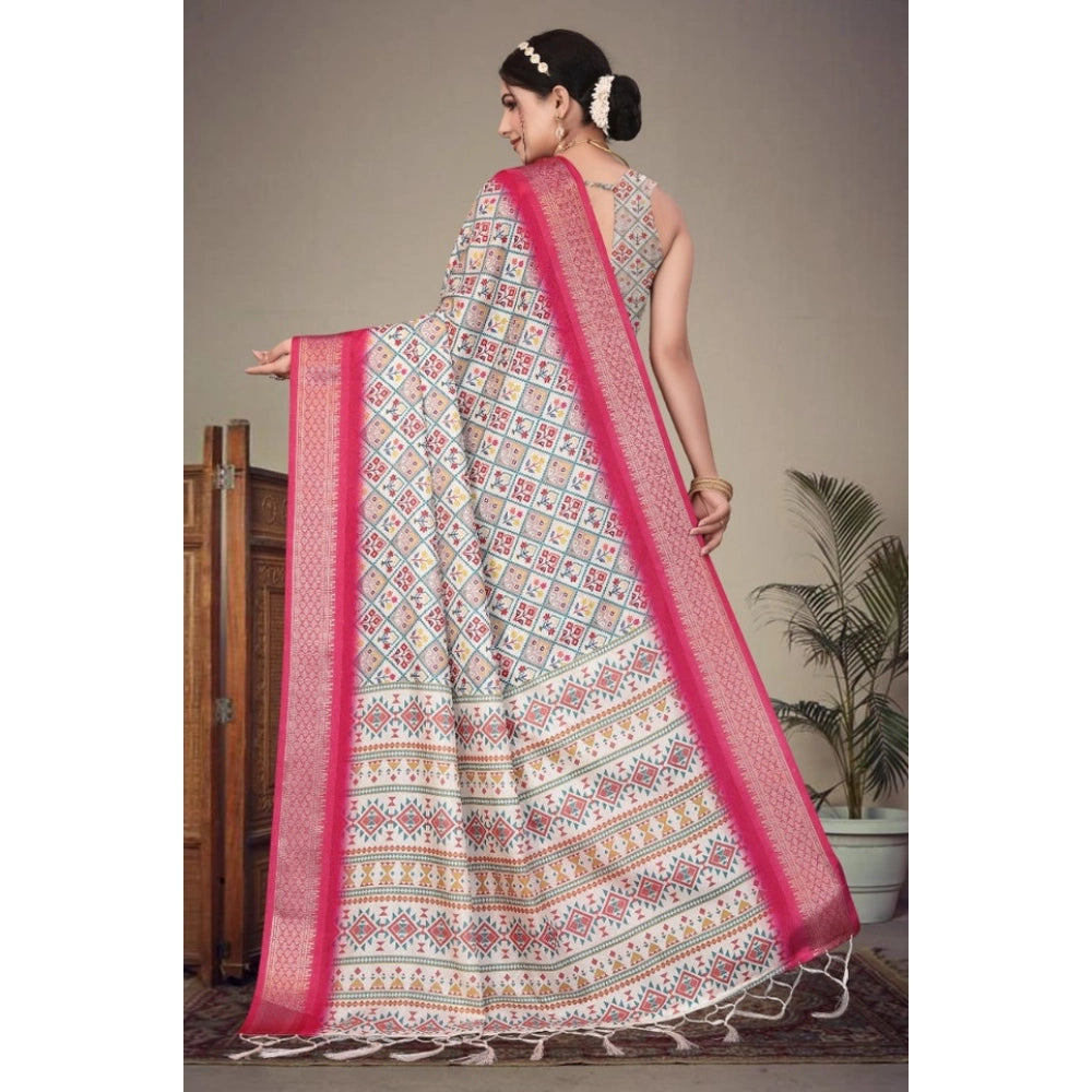 Cotton silk printed saree with unstitched pink blouse (5.5Mtr), traditional Indian wear for women
