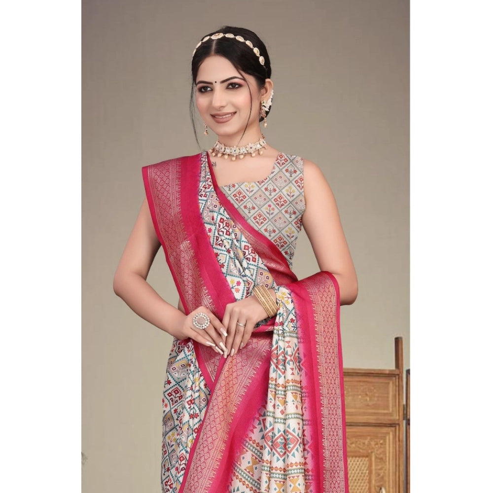 Pink cotton silk printed saree with unstitched blouse, 5.5Mtr length