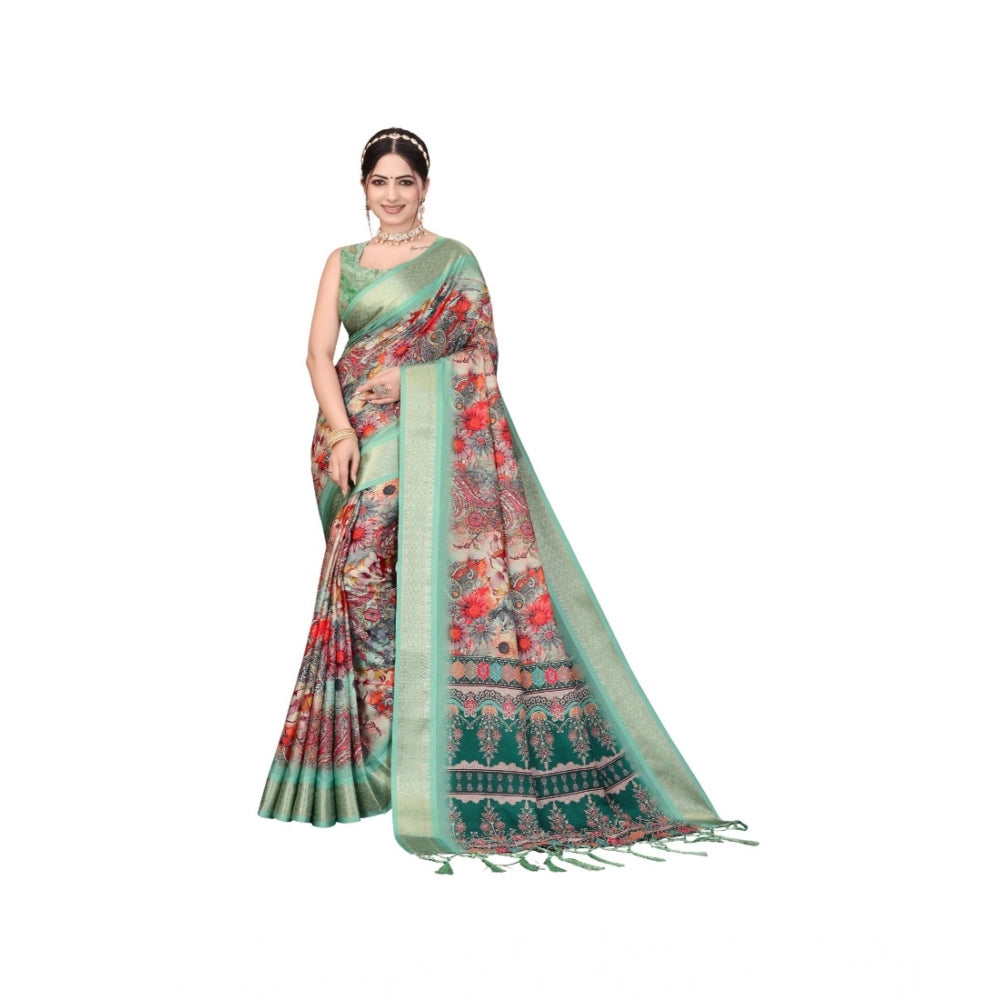 Light green printed cotton silk saree with unstitched blouse, vibrant Indian fashion
