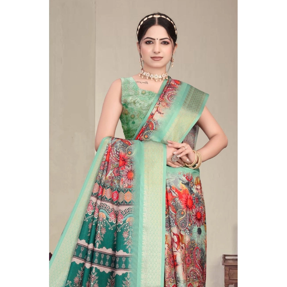 Light Green cotton silk printed saree with unstitched blouse, vibrant floral patterns on display